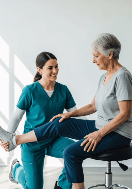 Eine Physiotherapeutin führt eine Behandlungsübung mit einer älteren Patientin durch, die auf einem Hocker sitzt.