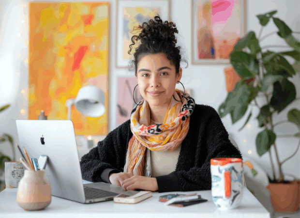 Junge Frau mit lockigem Haar sitzt an einem Schreibtisch mit Laptop und Tasse in einem kreativen Raum.