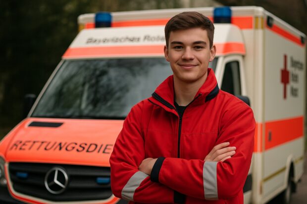 Notfallsanitäter steht vor Rettungswagen und lächelt in die Kamera.