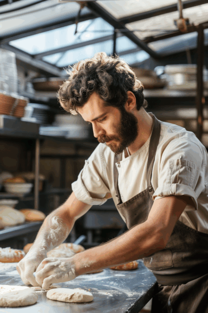 Handwerklicher Bäcker, der Teig in einer Backstube bearbeitet und mit Mehl bestäubt ist.