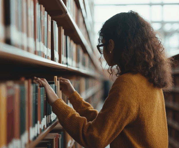 Eine Person mit lockigem Haar und Brille, die in einer Bibliothek nach einem Buch auf einem Regal greift.