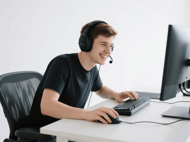 Junger Mann mit Headset, der an einem Computer arbeitet und lächelt.
